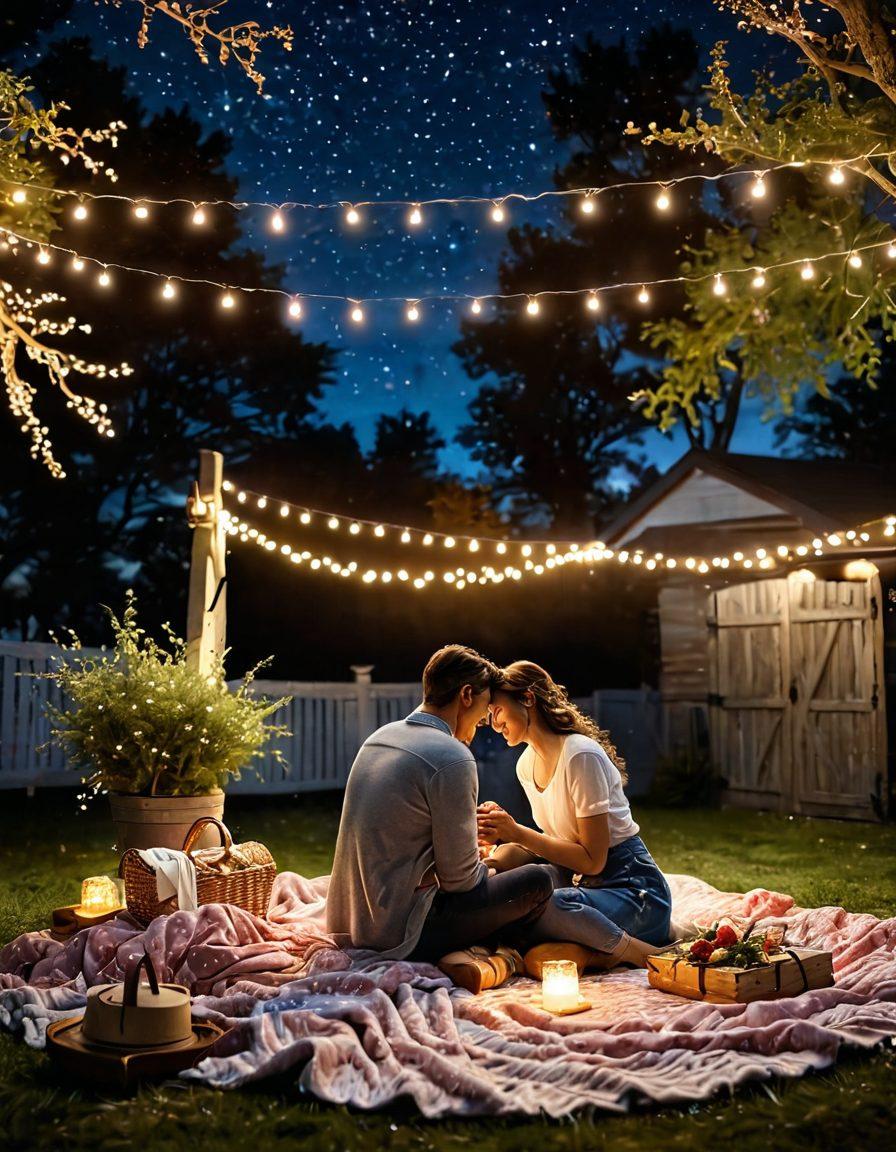 A romantic scene depicting a couple sharing a heartfelt moment under a starlit sky, surrounded by soft glowing fairy lights. Include elements like a cozy picnic blanket, heart-shaped confetti, and gentle hands entwined. Emphasize warmth and intimacy, evoking the essence of true love and connection. soft focus. vibrant colors. 3D.