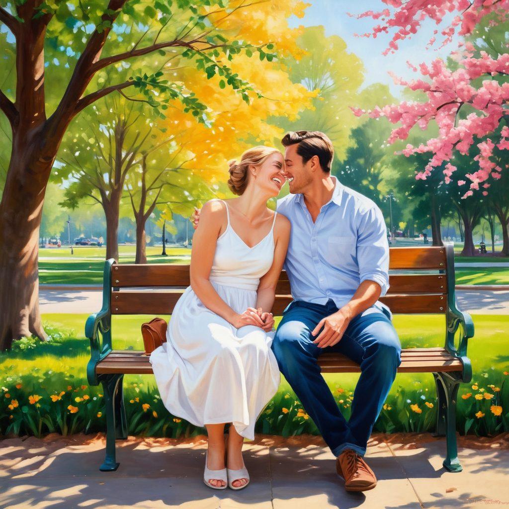 A serene setting featuring a couple sitting on a park bench, laughing and sharing a moment of connection. Soft, warm colors surround them, symbolizing trust and understanding in their relationship. Include elements like blooming flowers and dappled sunlight filtering through the trees to add a romantic atmosphere. The couple should represent diversity, displaying joy and intimacy. painting. vibrant colors. natural light.