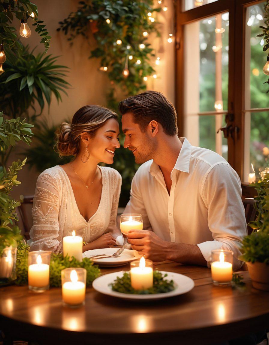 A warm, intimate scene of a couple sharing a heartfelt moment over a candlelit dinner, surrounded by soft, glowing lights and lush greenery. Their expressions reflect devotion and joy, symbolizing lasting connections. Include subtle elements like handwritten love notes and a setting sun in the background to evoke romance. soft focus. warm colors. 3D.